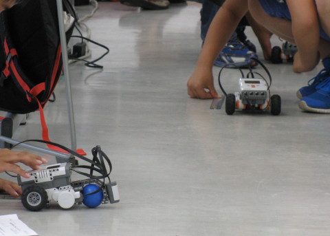 プログラミングをしてロボットの試運転をする子供たち
