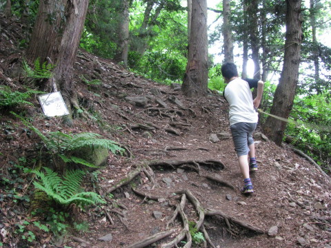 ロープに捕まって山頂を目指す息子