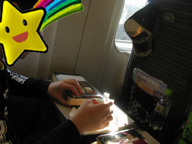 新幹線の車内で駅弁を食べる息子