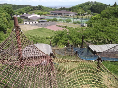 クライミングネットの頂上から見るグリーンピア岩沼全体