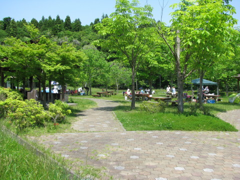 キャンプ場の広場でバーベキューを楽しむ人々